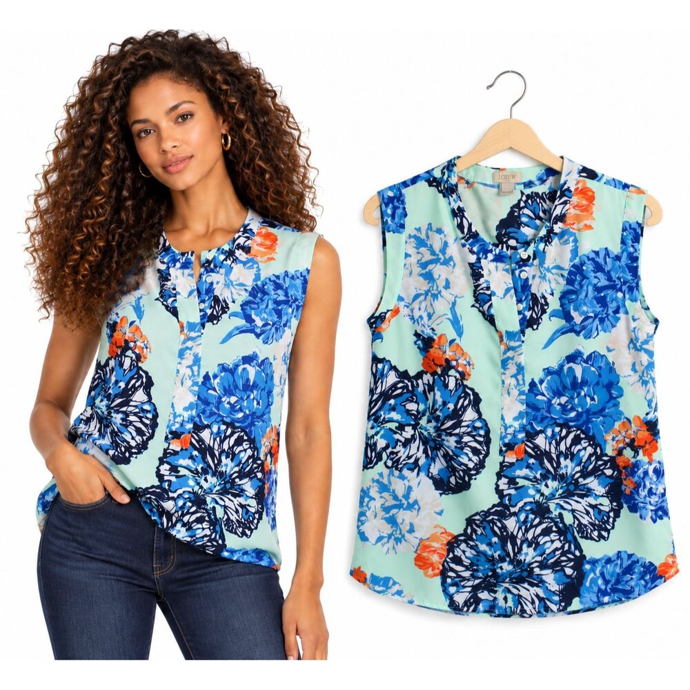 J Crew Floral Sleeveless Blouse Size 2 Aqua Blue Orange Print E8346